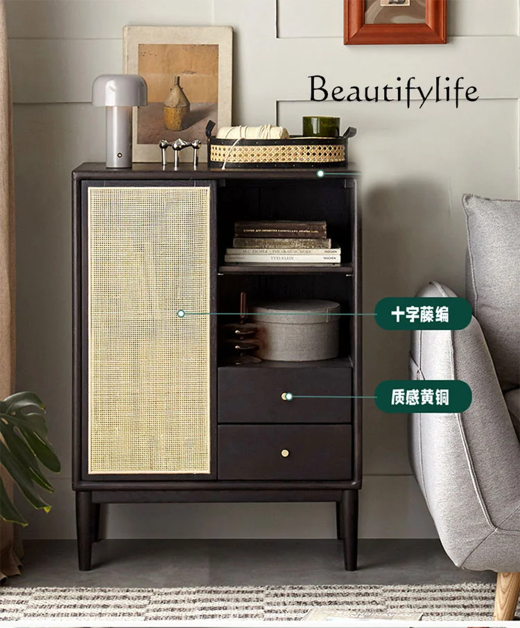 Japanese-style medieval solid wood TV side cabinet Nordic rattan simple storage cabinet