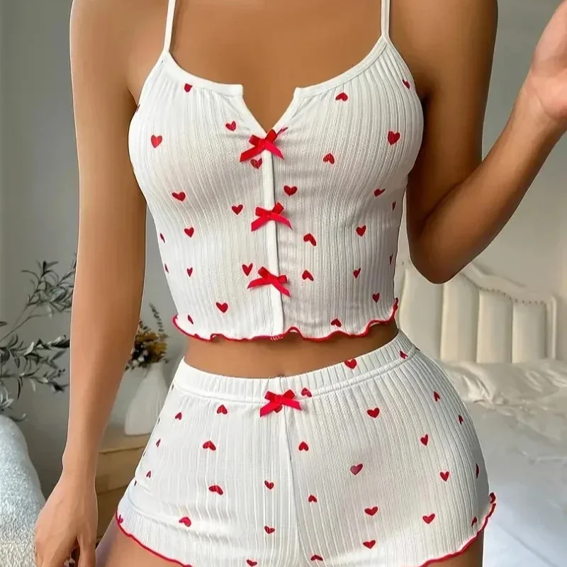 طقم بيجامات نسائي ملابس نوم مطبوع عليه قلب قماش مضلع ناعم مع حواف مكشكشة غير رسمية طقم علوي وسراويل قصيرة ملابس للاستلقاء #3