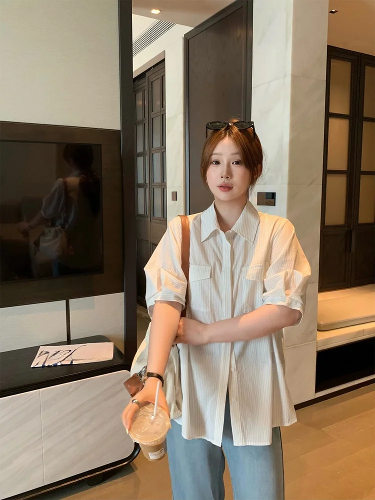 

plus Size Women's Casual Striped ort Sve irt White Slim Sister New Sle Casual Faion Summer Thin Cotton Blend Blouse