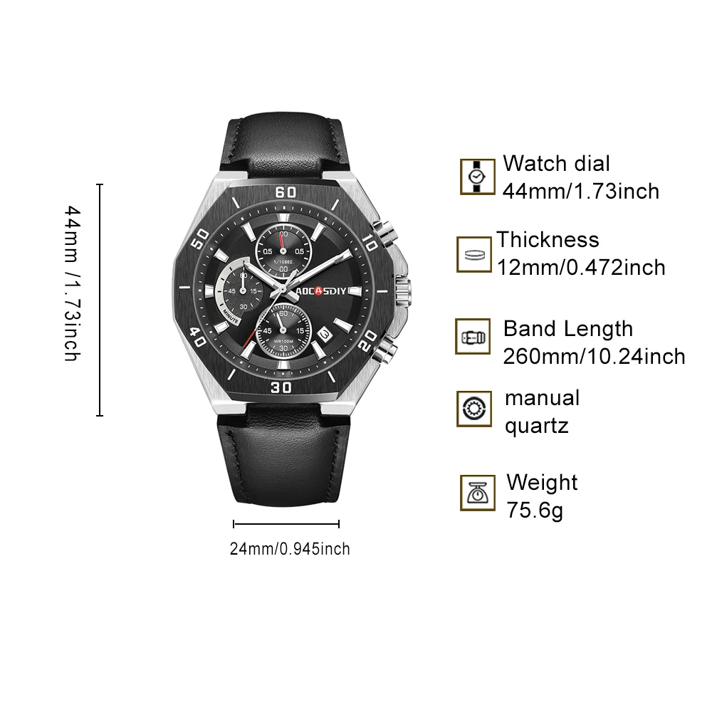 AOCASDIY men's quartz watch with multiple sub dials, date display, night light, waterproof function, men's gift selection