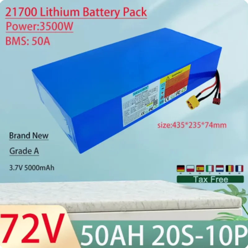 72V 50Ah 40Ah 30Ah 20Ah 21700 lithium battery pack with built-in BMS 0-3500W motor high-power rechargeable battery tax exempt