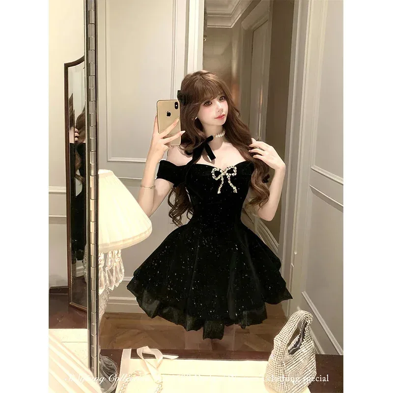 MEXZT Vintage Czarna Mini Sukienka Damska Impreza Bal Seksowna Dekolt Hiszpanka Kokarda Aksamitne Sukienki Letnie Eleganckie Koreańskie Obcisłe Vestidos