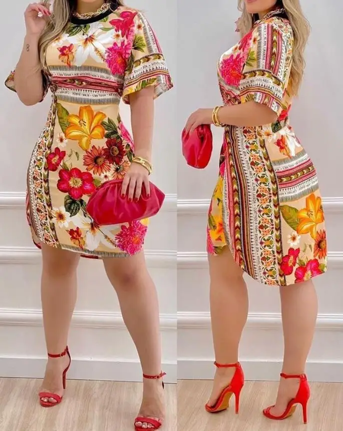 

Women's Elegant Straight Tube Dress 2024 Summer Floral Print O-Neck Half Sleeve Dress Fashionable Zipper Design Mini Dress