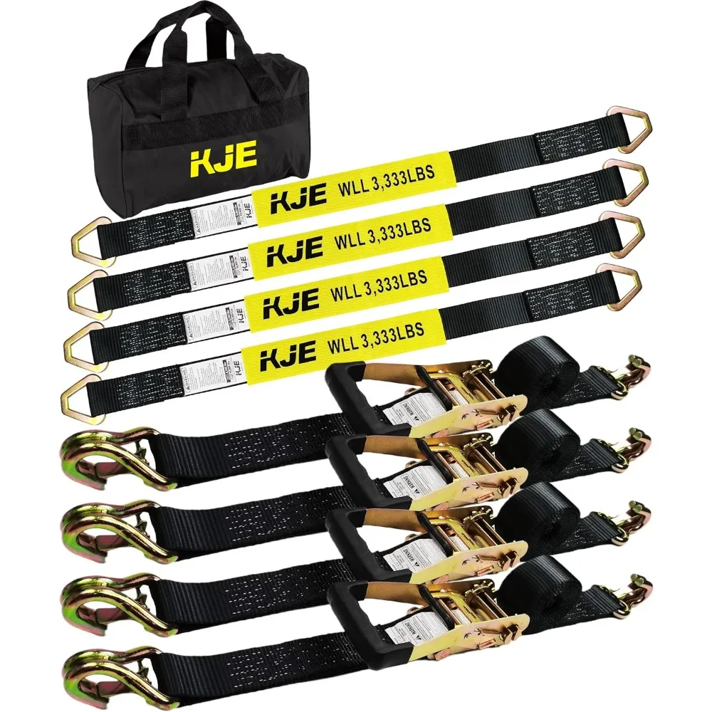 

Heavy Duty Car Trailer Tie Down Straps Kit - 4 Pack with Ratchet, J-Hooks, and Axle Straps for Secure Transport