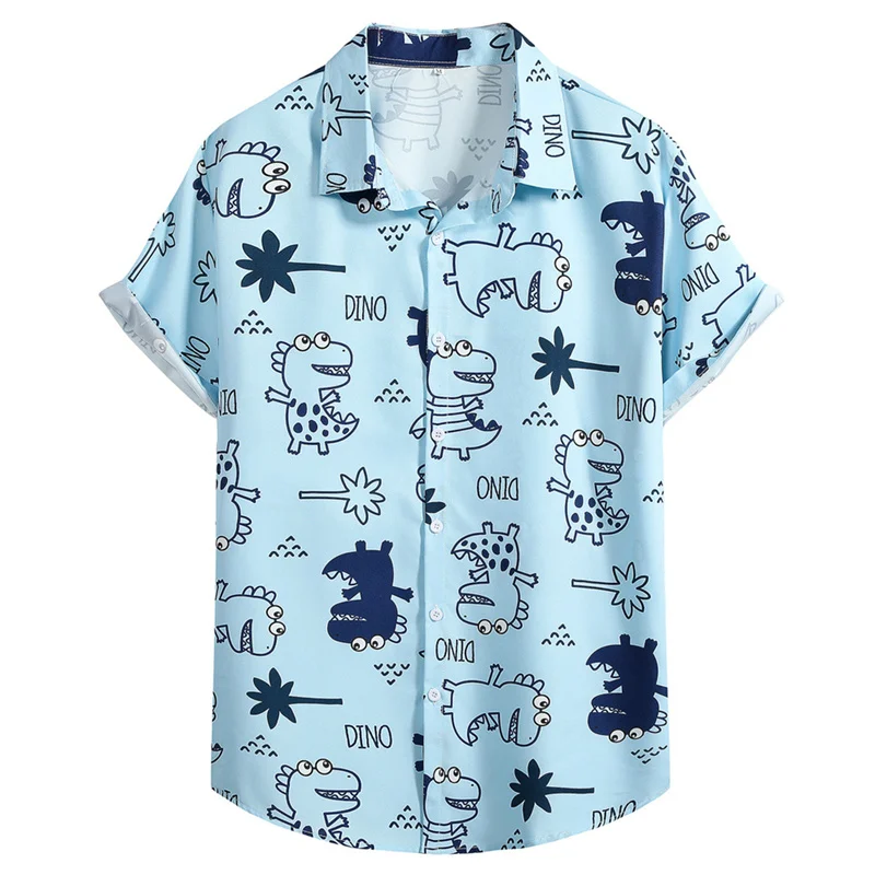 3d Print Cartoon Dinosaur Hawaiian Shirt Men Clothing Oversized Short Sleeve Tops Beach Vacation Apparel Button Lapel Blouse