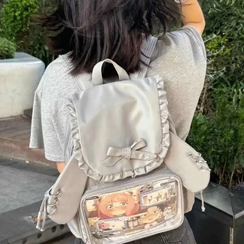 Bowkont Ruffled 일본 Y2k 배낭 투명 포켓 로리타 소녀 가방 대용량 Preppy 스타일 Itabag 토끼 귀 통증 가방