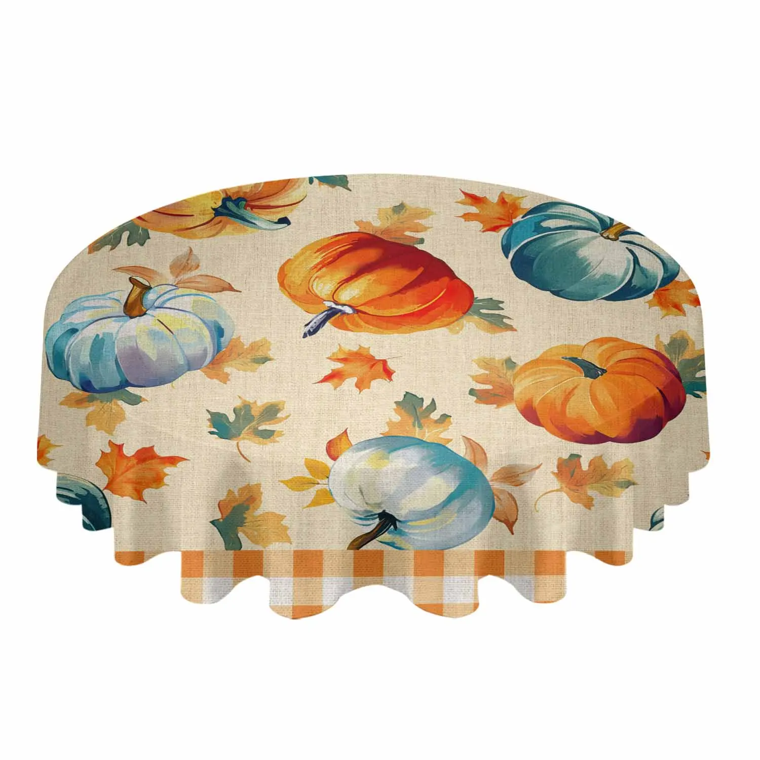 Checkered Watercolor Pumpkin Leaf Festival Waterproof Tablecloth Tea Table Decoration Round Table Cover For Kitchen Wedding Home