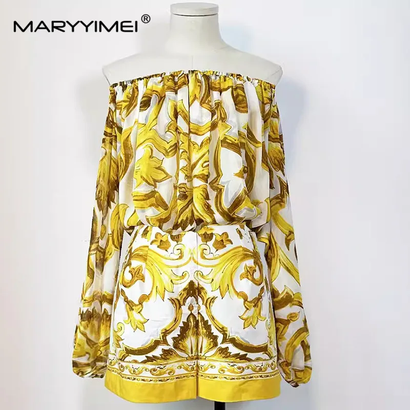 

MARYYIMEI Summer Women's Suit Slash Neck Lantern Sleeved Tops+Casual shorts Baroque print Cotton 2 Piece Set