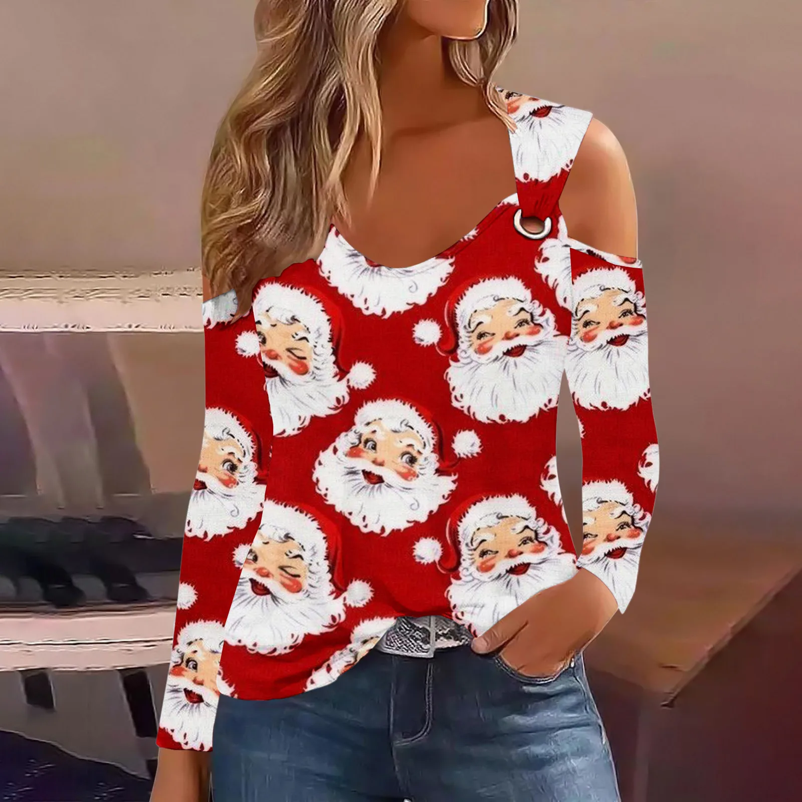 Autumn Women's Off Shoulder Long Sleeved Christmas Tree And Santa Claus Printed Casual Holiday Atmosphere T-shirt Ropa Mujer