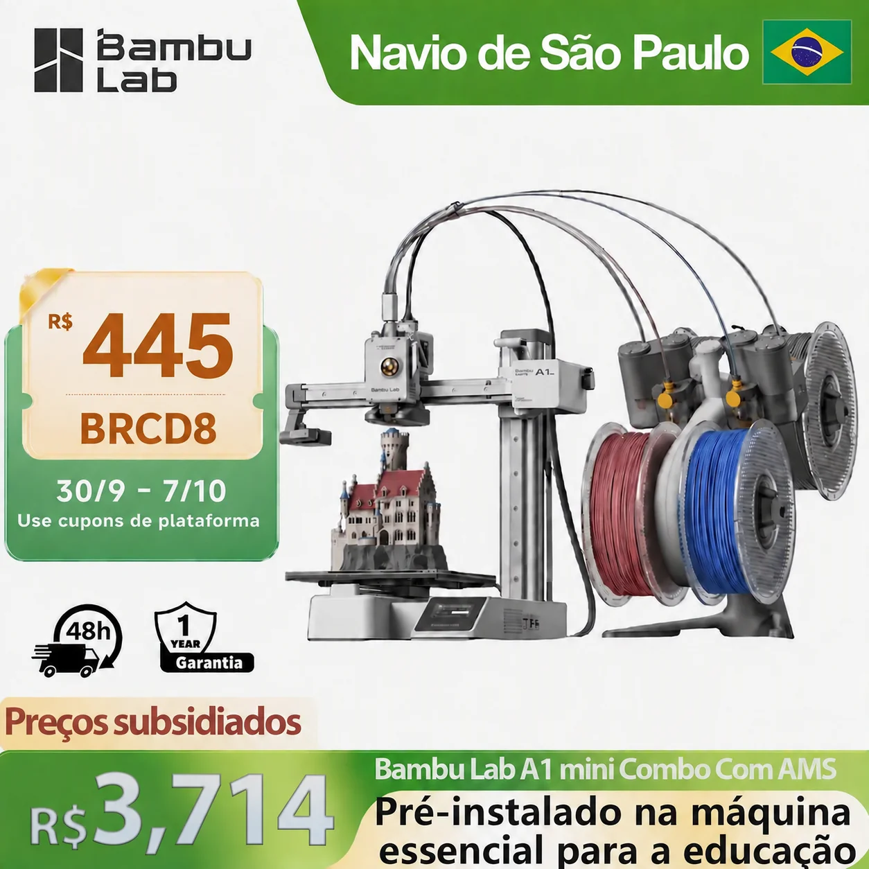 Bambu Lab A1 mini Combo with AMS lite 4 Colors Prints Quiet 45dB Eco-Friendly Rapid Heatbed Heating for Desktop Environments