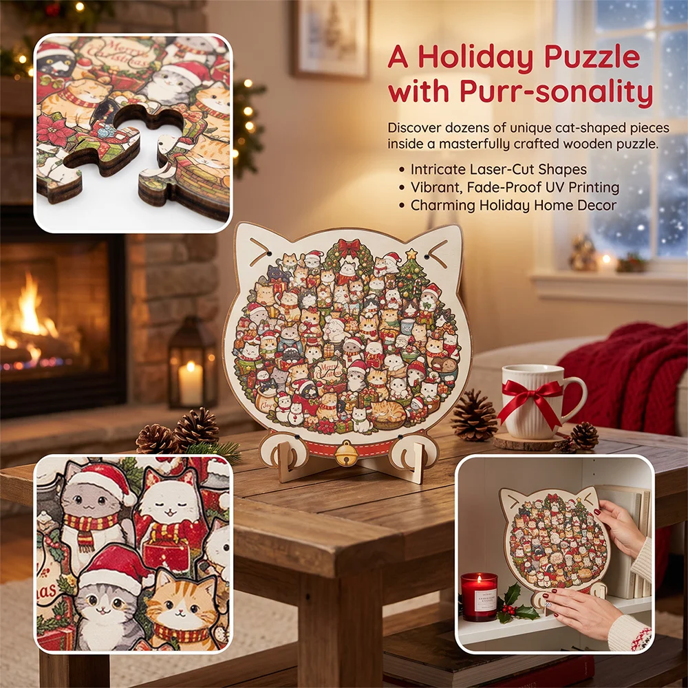 Christmas 2D Animal Wooden Jigsaw Puzzle Creative Christmas Dog Cat Shape Puzzle Desktop Ornament Xmas Gift for  Family Friends