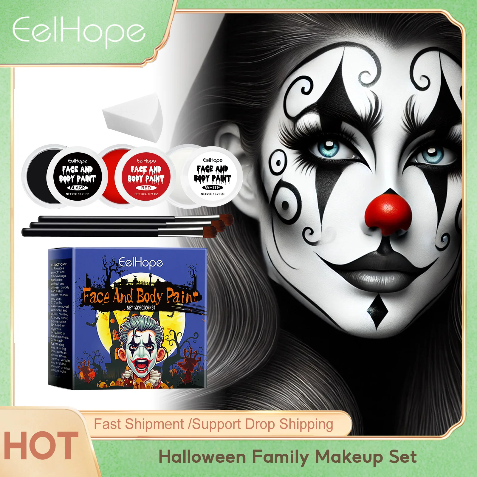 مجموعة مكياج عائلية للهالوين من Eelhope مع فرشاة لمستحضرات التجميل والحفلات التنكرية باللون الأبيض للأطفال والكبار مجموعات مكياج مبهرة للرسم الملون