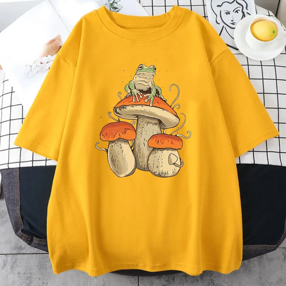 Mushroom Frog Funny Cotton T-Shirts Printed Men Women Casual Short Sleeve T Shirt Oversized Harajuku Unisex Tees Tops Clothing