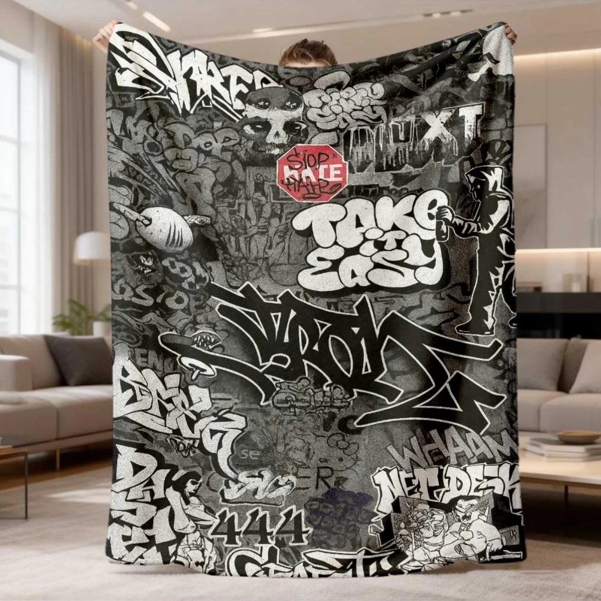 Vintage Urban Street Culture Graffiti Flannel Throw Blanket Cool Graffiti Art Print Warm Blanket for Living Room Daily Rest Use