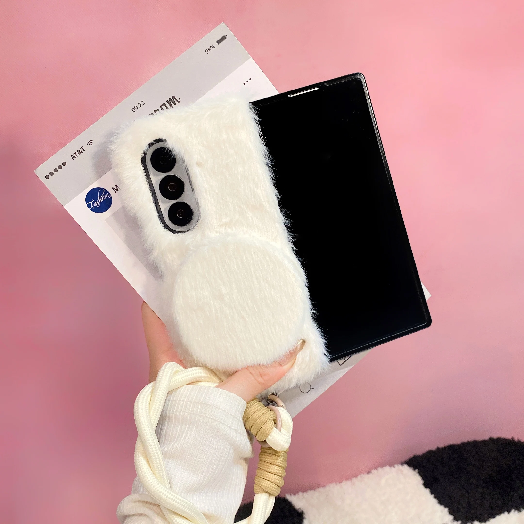 Fluffy Makeup Mirror Phone Case, Cute Kawaii Protective Cover with Wrist Strap for Samsung Galaxy Z Fold 3 4 5 6 7 8  for Women