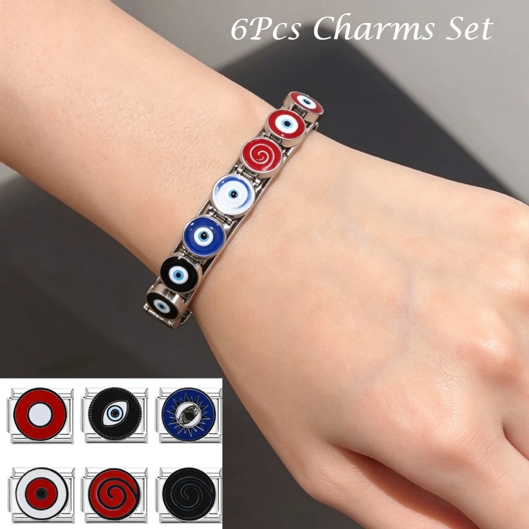 6Pcs Set Devil's Eye Unique Rotating Module Italian Charms 9mm Stainless Steel Bracelet Woman Men Gift DIY Making Accessories