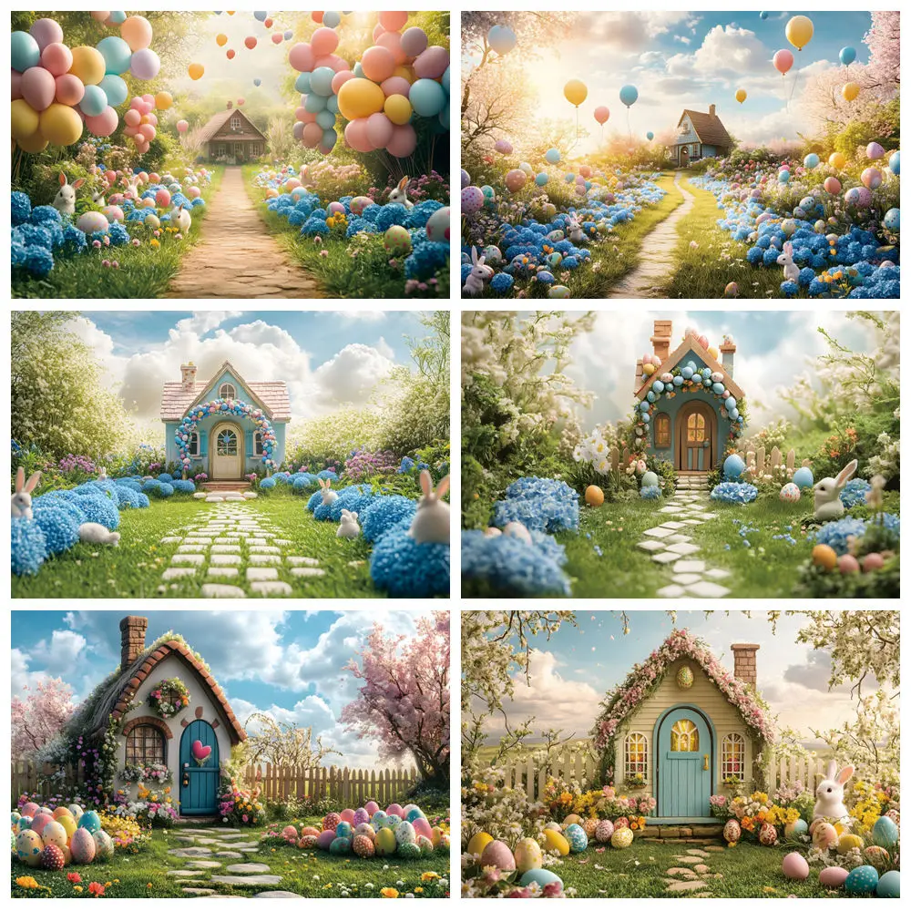 

Spring Easter Photography Backdrop Wood House Rabbit Eggs Blue Flowers Balloon Green Lawn Fence Kids Portrait Background Decor