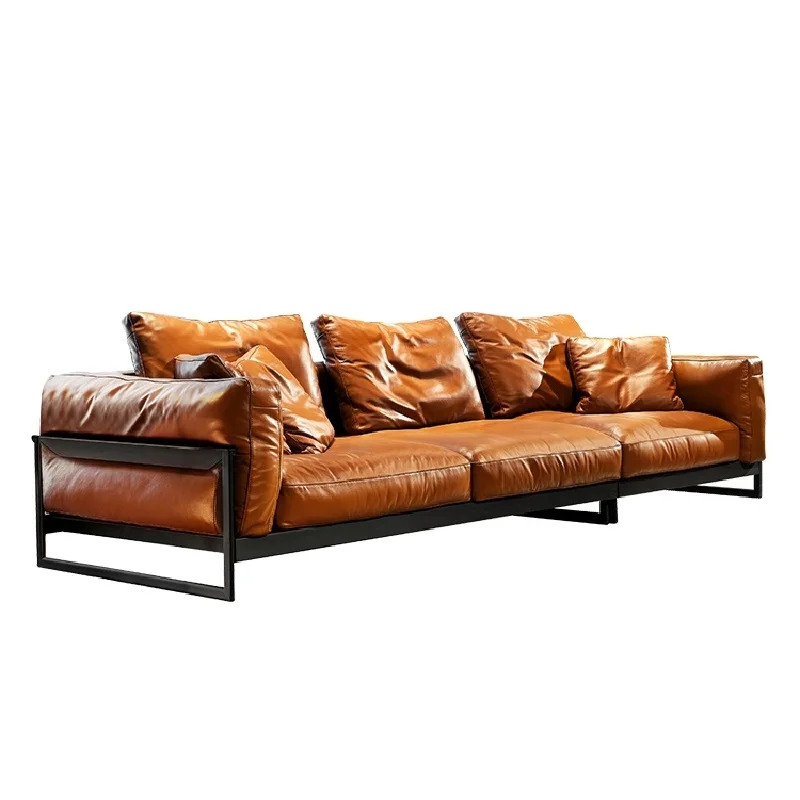 

ey-Industrial Style Living Room Sofa Simple Leather Goose Down Sofa#