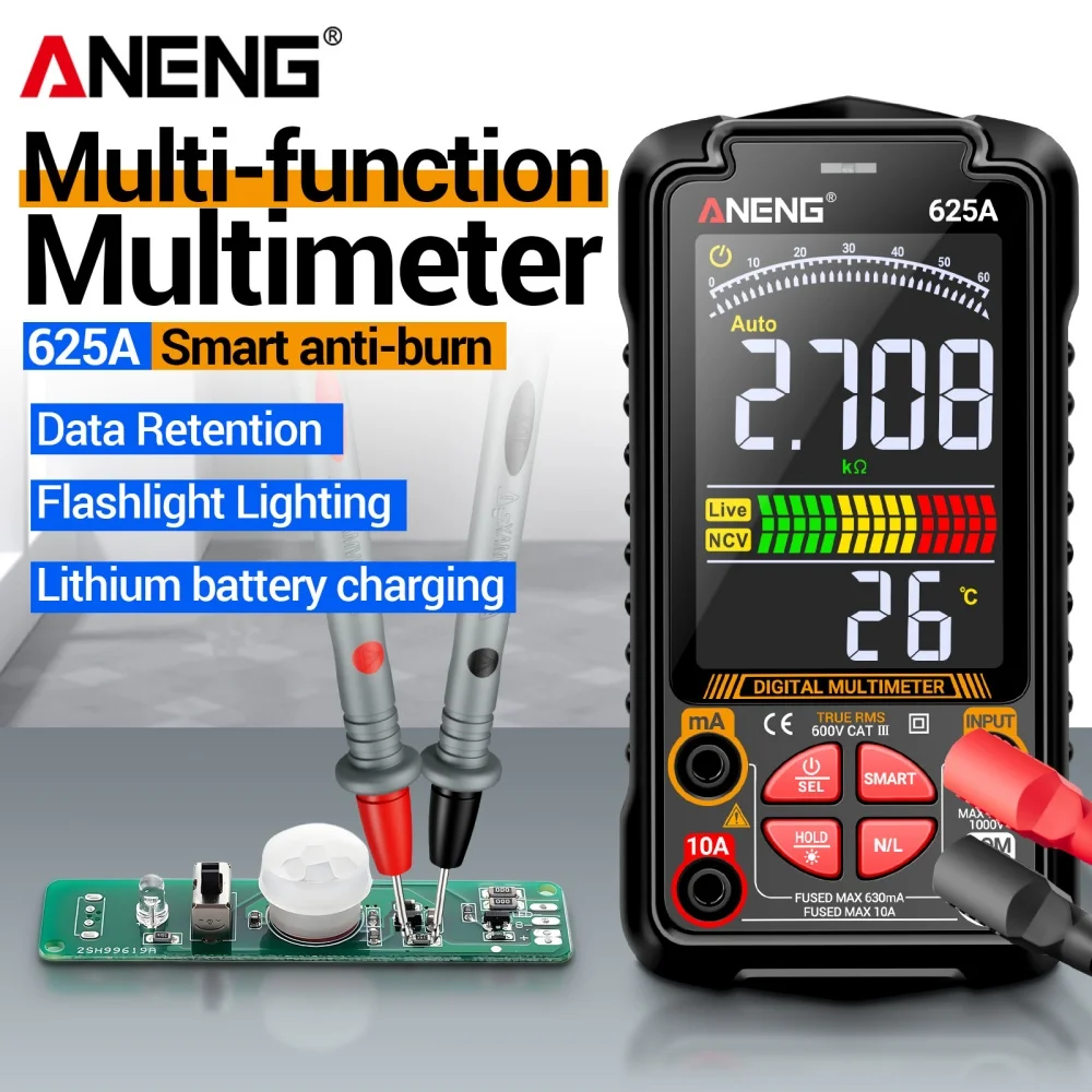 

Multi-function Multimeter Smart Digital Anti-burn AC/DC Voltage Current Rechargable NCV Contactless Detection Tool ANENG 625A