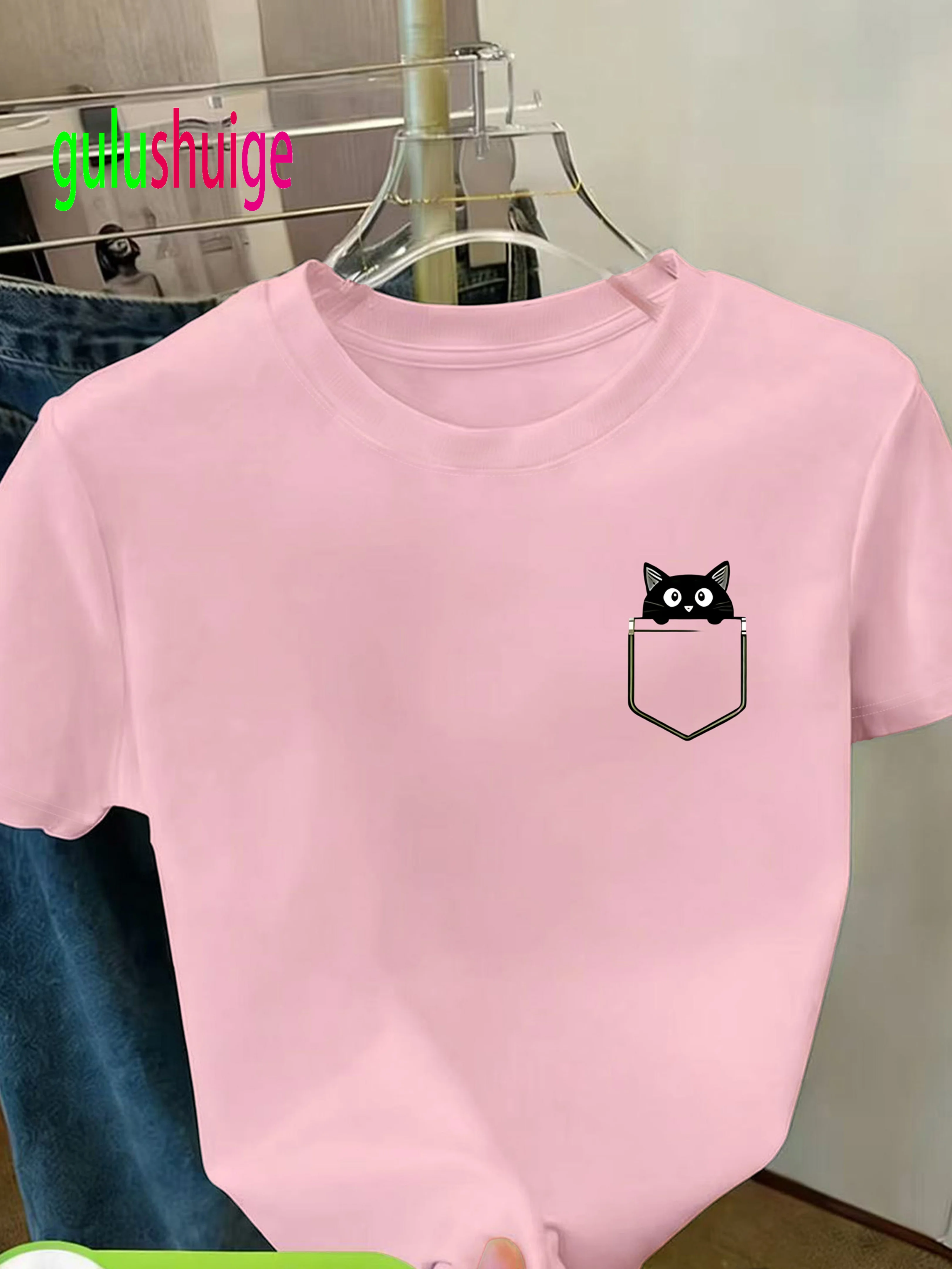 Walking Direction Pocket Peeking Black Cat Pattern Print T Shirt Black Cat Peeking Design Tops Women's Short Sleeve T-shirt Y2k