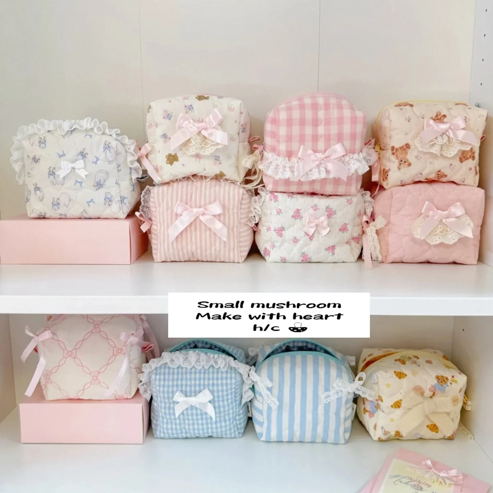 

Exclusive Design Cute Bow Cotton Makeup Bag Zipper Cosmetic Organizer Female Cloth Handbag Portable Toiletry Case for Girls