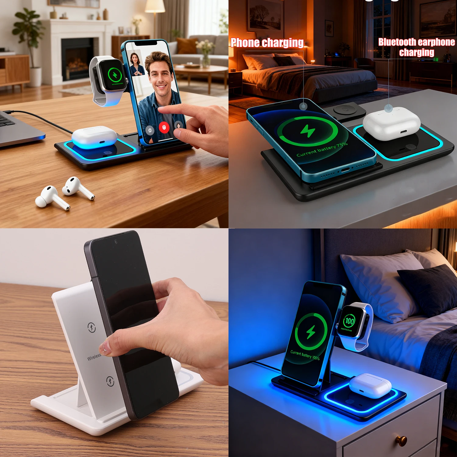 3in1 شاحن لاسلكي حامل سطح المكتب آيفون 17 16 15 الهاتف المحمول سماعات شاحن سريع حامل قابل للطي ل iWatch AirPods Pro #6