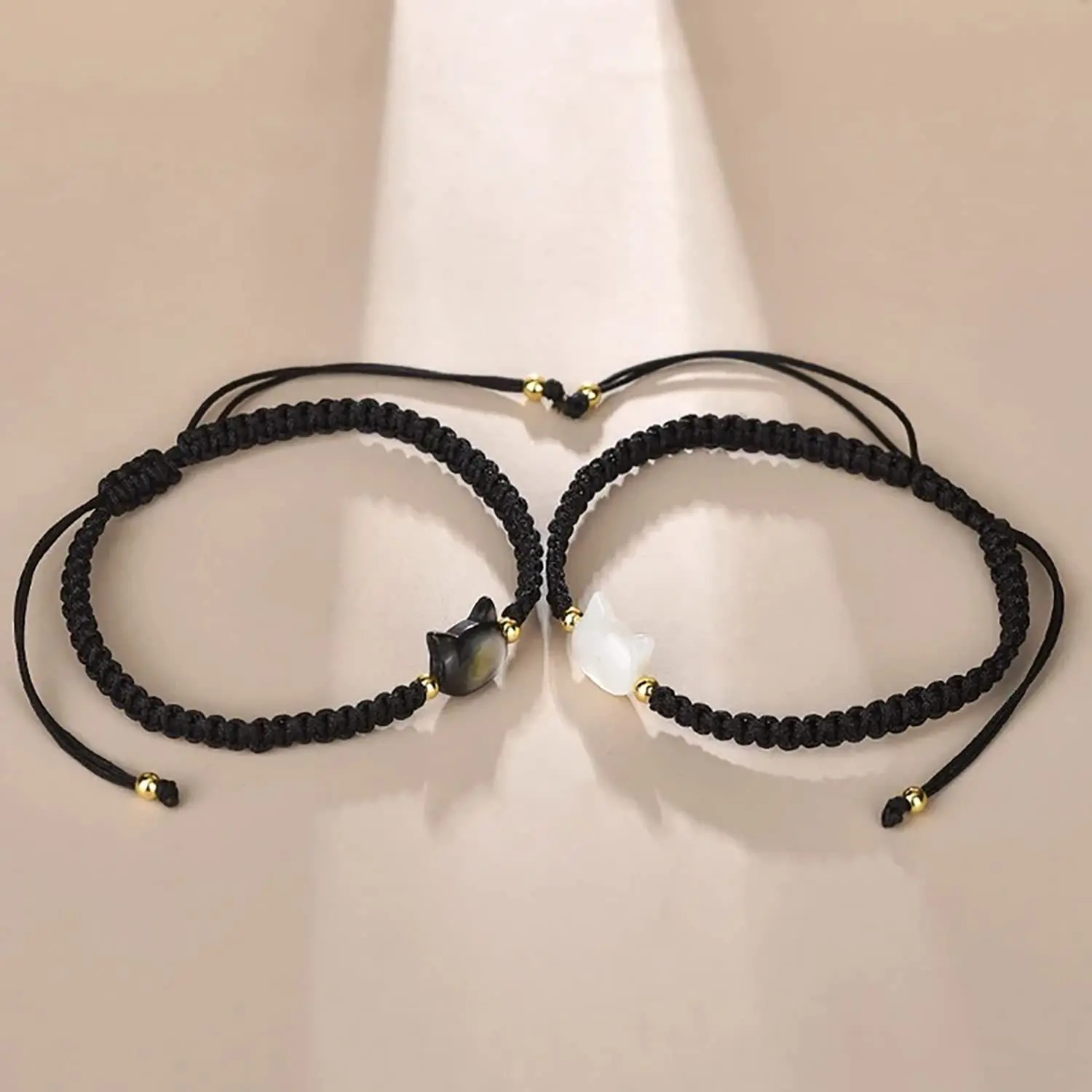 Y2K Natural Moonstone Obsidian Bracelet For Women Simple Handmade Cute Black White Cat Couple Bracelet Jewelry Party Accessories