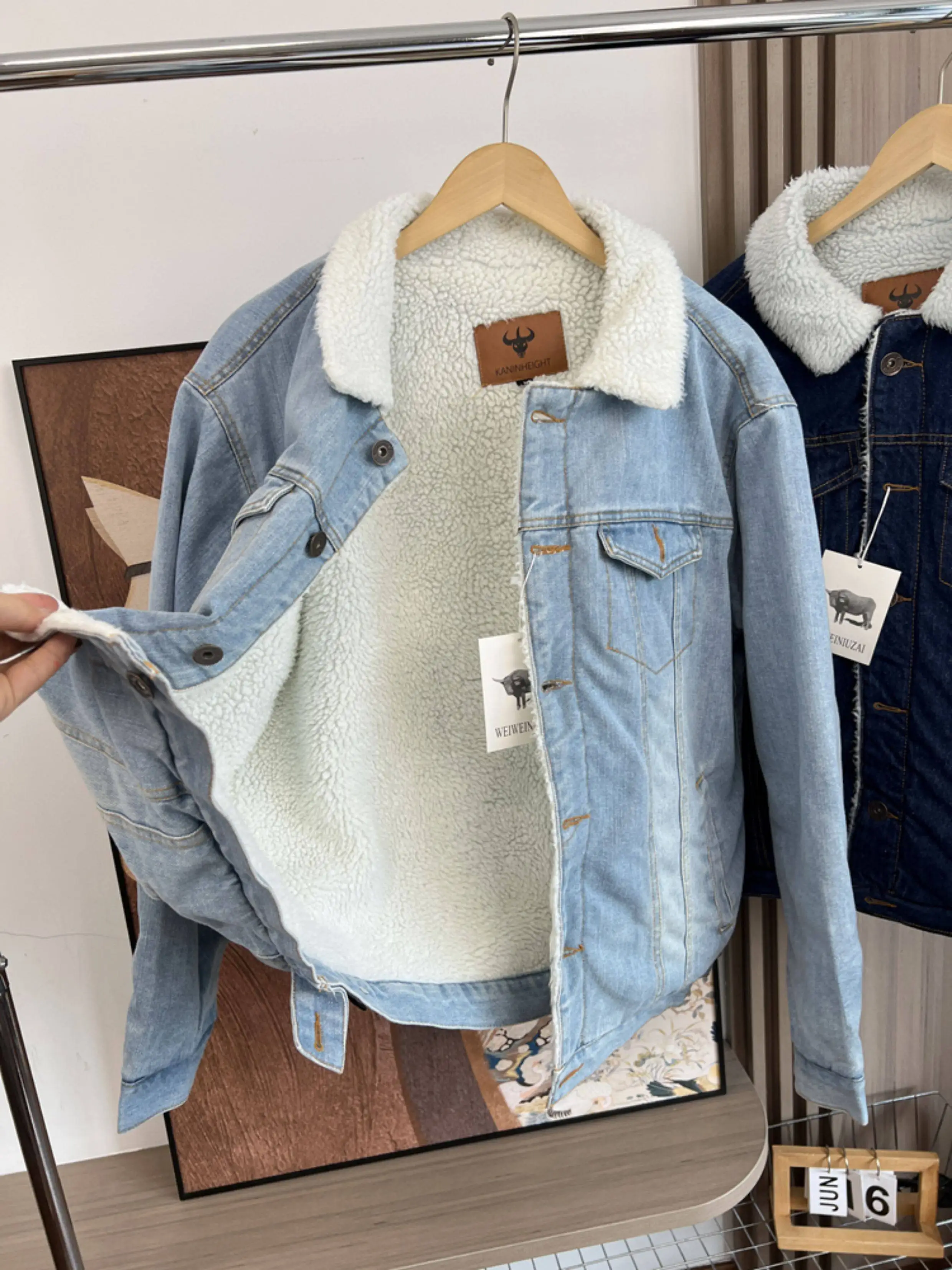 Faux lambswool high quality padding Casual and versatile lapel denim jacket Men's winter padded jackets tops