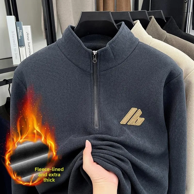 

Thiened Fce Толстовка Мужская повседневная свободная посадка Теплая внутренняя одежда с воротником-стойкой Длинный вязаный свитер свеча на зиму