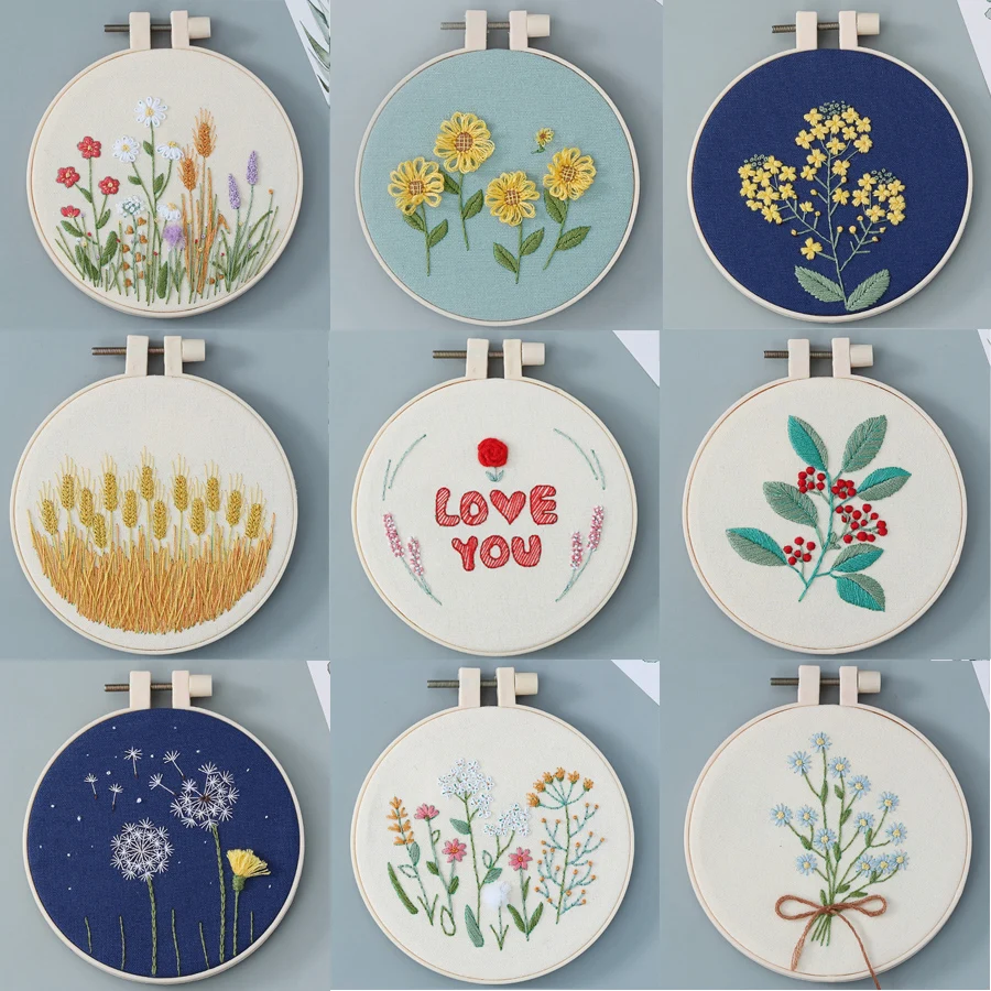 DIY Flowers Plants Pattern Embroidery Set Needlework Tools Printed Beginner Embroidery Round Cross Stitch Kit Sewing Craft Kit