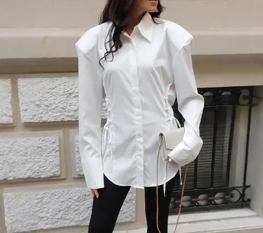

Spring and Autumn New Shoulder Pads, Drawstring Strap, Waist Up Long Sleeve Top, Niche Design, Slimming White Shirt