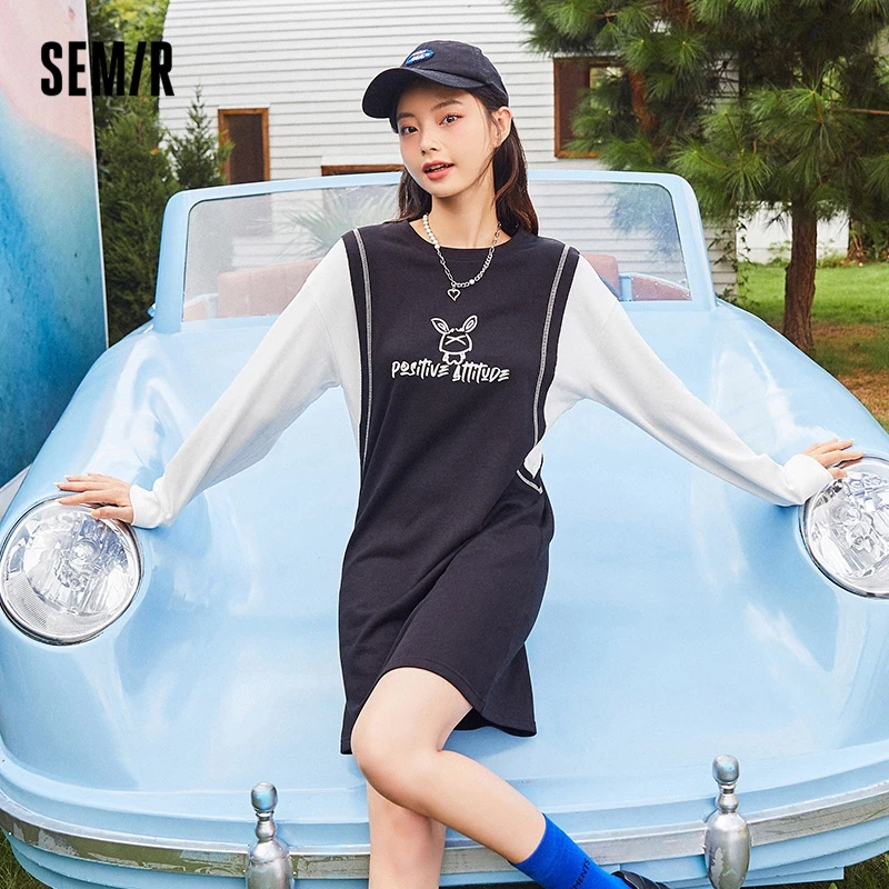 Semir Dress Women Black And White Casual Style 2021 Spring And Autumn New Pattern Contrast Color Stitching Fake Two-Piece Dress