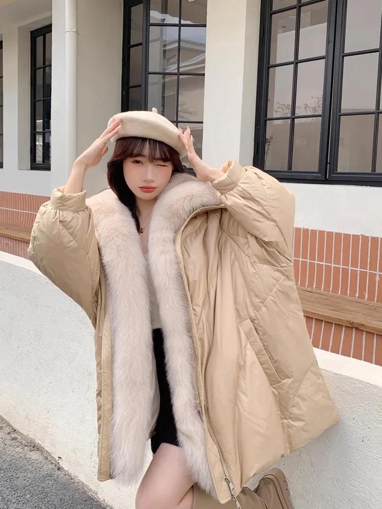 2023 New Korean Fashion Winter Women\'s Warm Goose Down Jacket Real Fox Collar Thicken Loose Coat Luxury Female Outerwear