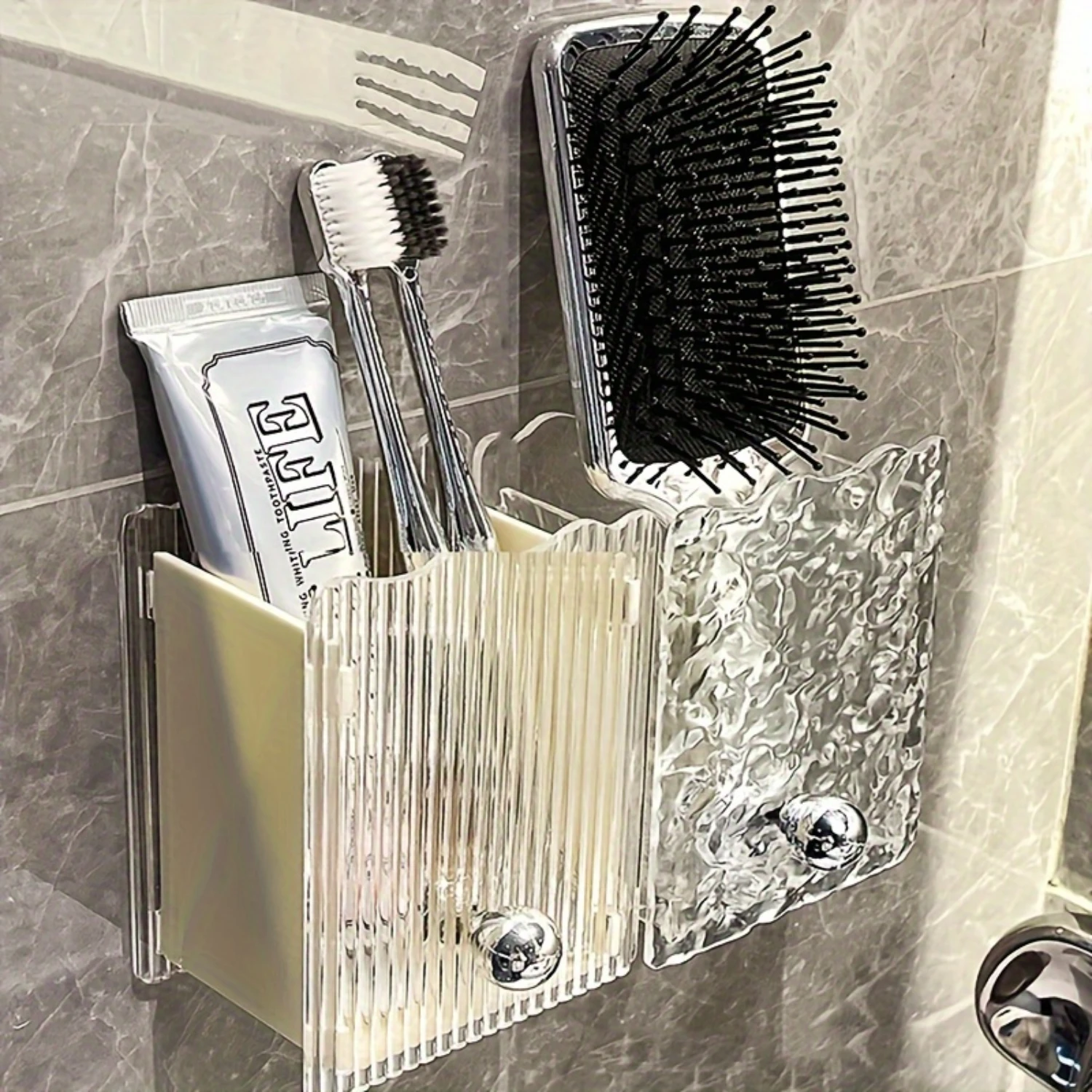 1pc Clear Ripple Wall-Mounted Bathroom Toothbrush Toothpaste Holder, Comb Rack, Versatile Organizer - No-Drilling, Ideal for Was