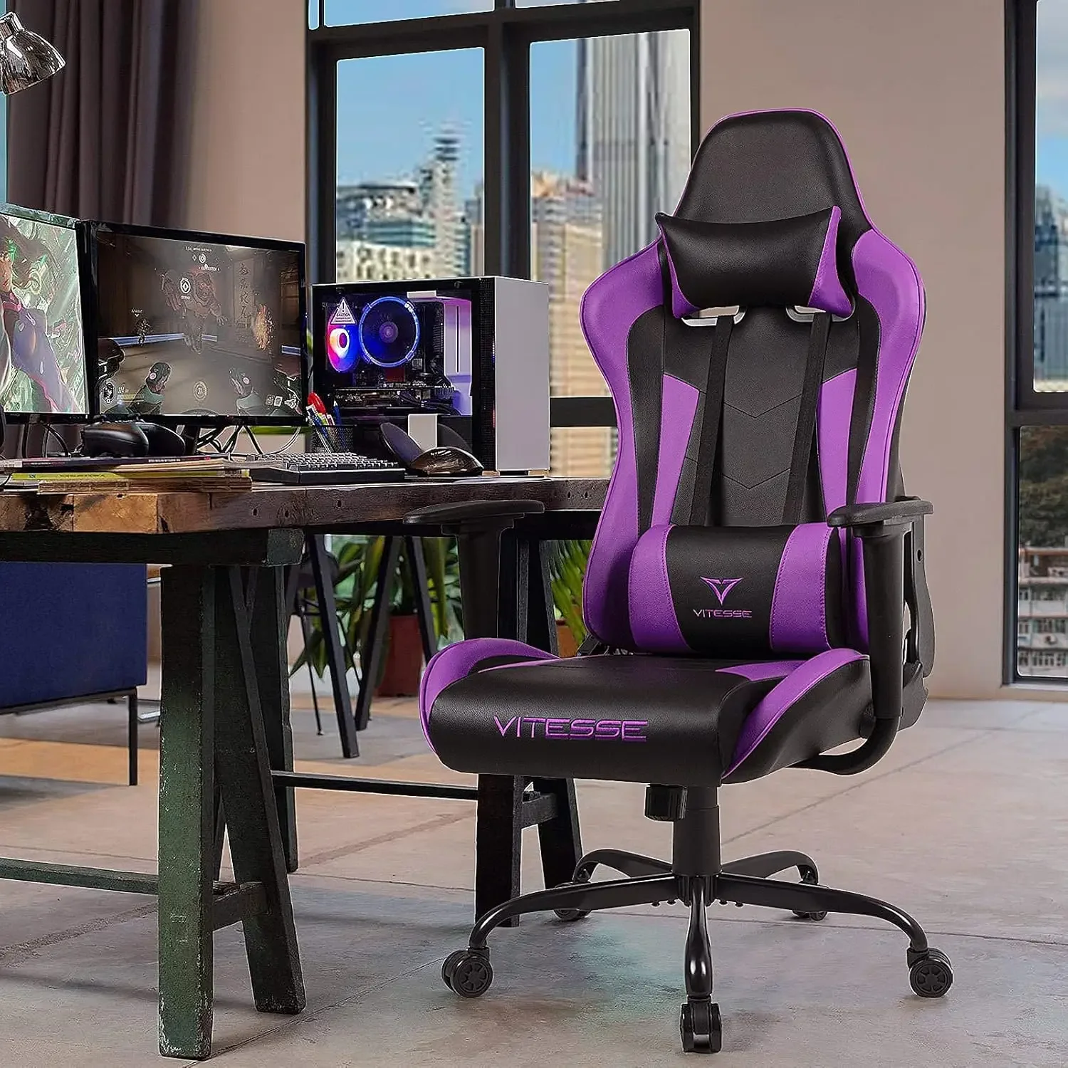 Generic Gaming Chair High Back for Teens Ergonomic Racing Computer Desk with Comfortable Lumbar Support and Headrest Girl