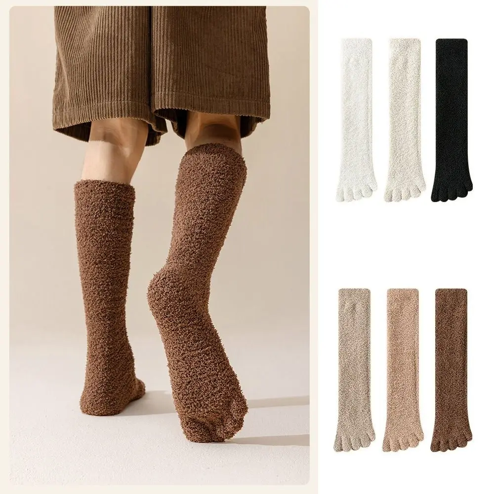 

Cozy Thickened Winter Stockings Warm Solid Color Five Finger Socks Soft Coral Velvet Terry Socks Winter Home Wear