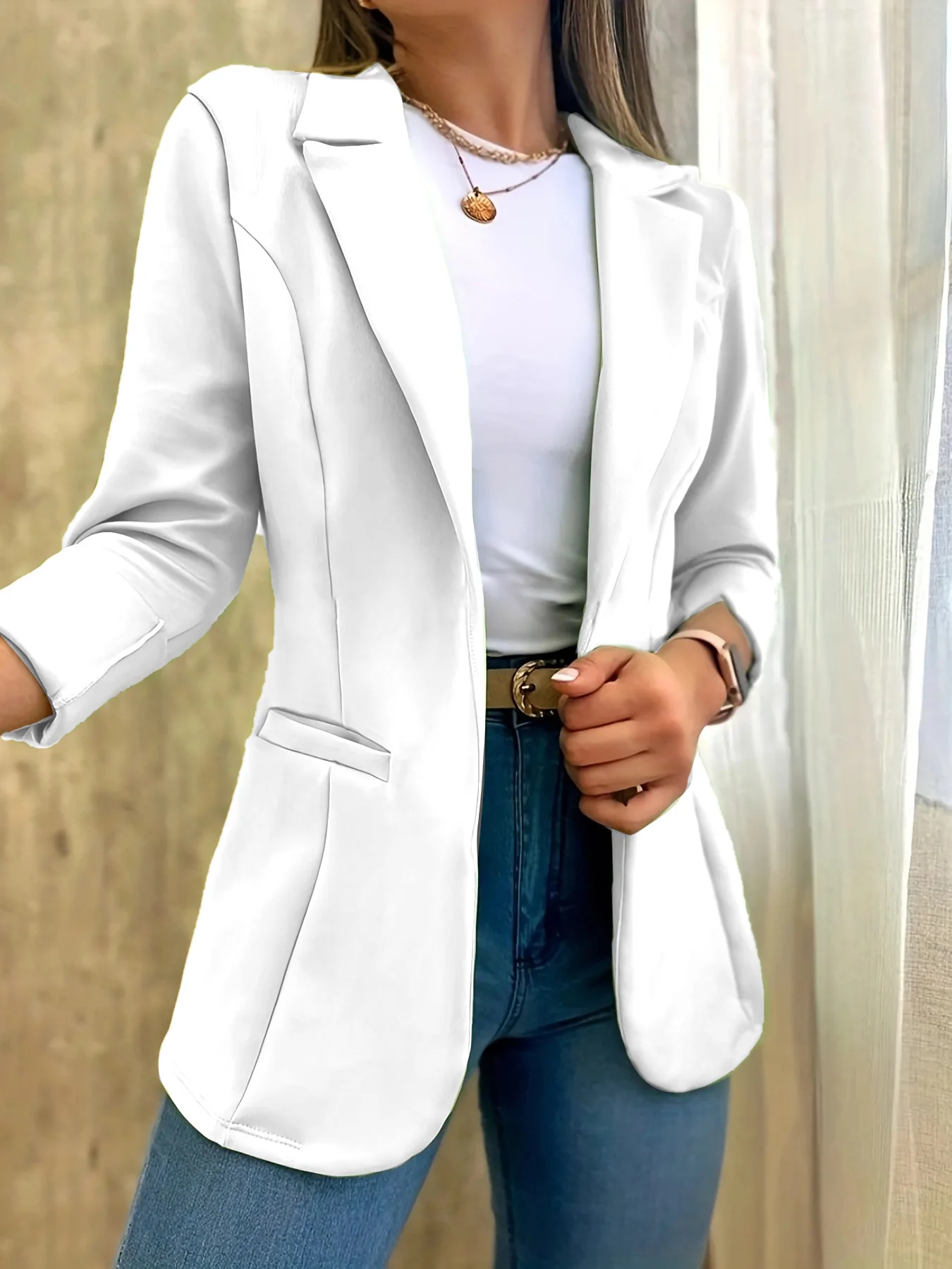 Office Elegant Pure Color Long Sleeve Coat Women Spring Autumn Casual Pocket Suit Jacket 2023 Pink Open Stitch Coats