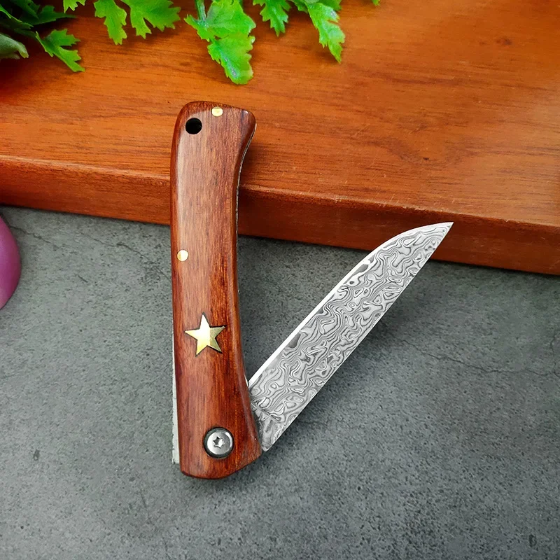 Folding Knife Damascus Steel Hand Forge Wood Handle Utility Kitchen Knives Slicing Meat Paring Fruit Boning Knife Folding Knives