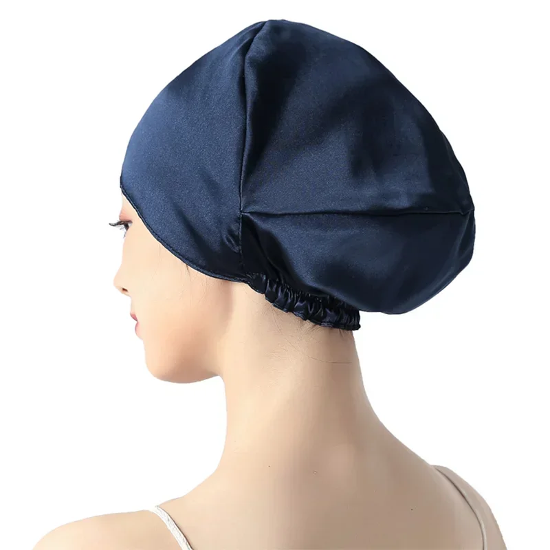 Birdtree 16MM 100% Real Silk Turban Bonnets,Female Double Layered Solid Sleeping Night Wrap Cap,For Curly Ladies A34317M