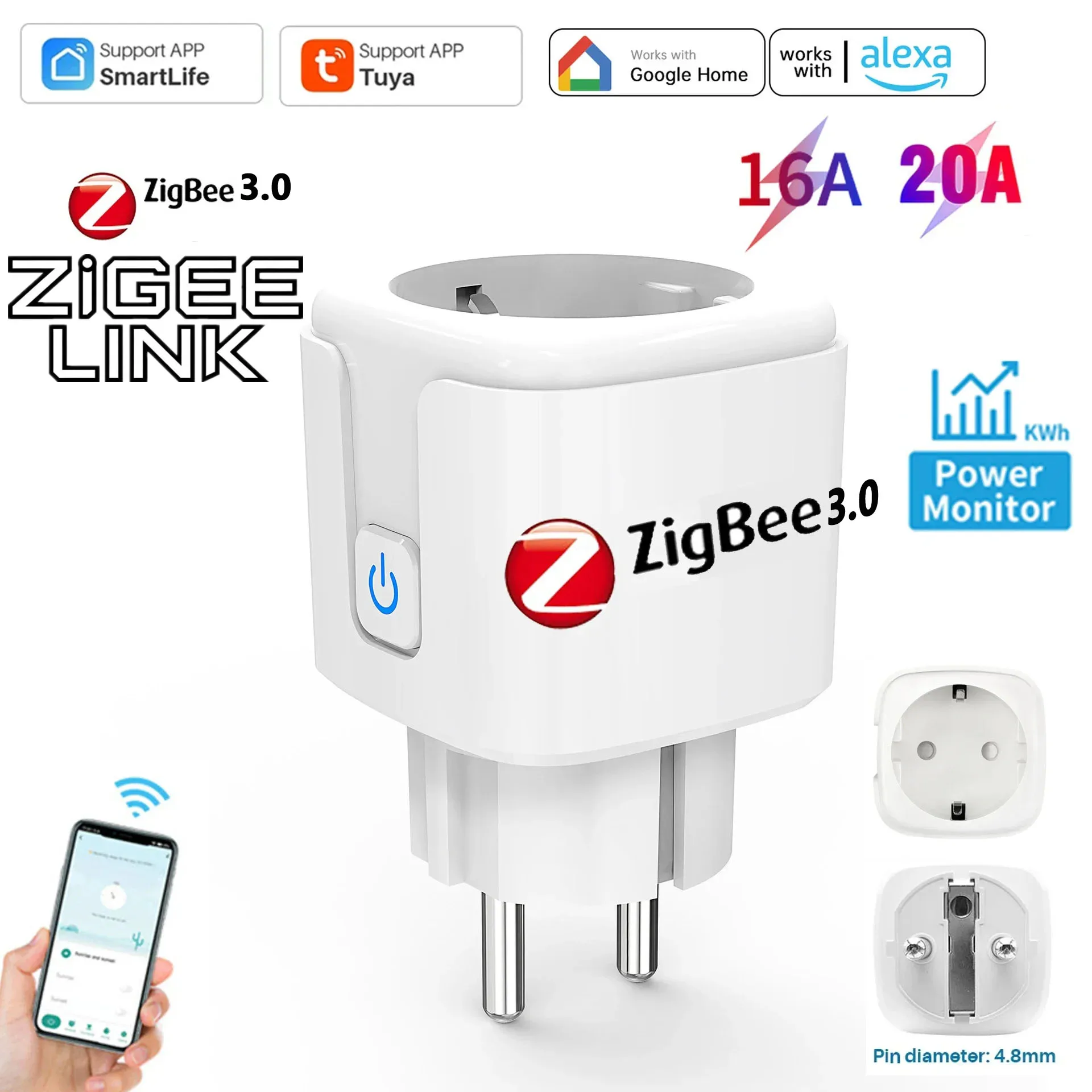 Smart Plug WiFi/Zigbee 3.0 Socket 16A/20A Power Monitor Timing Voice Control Smart Life APP Controle voor Tuya Alexa Google Home