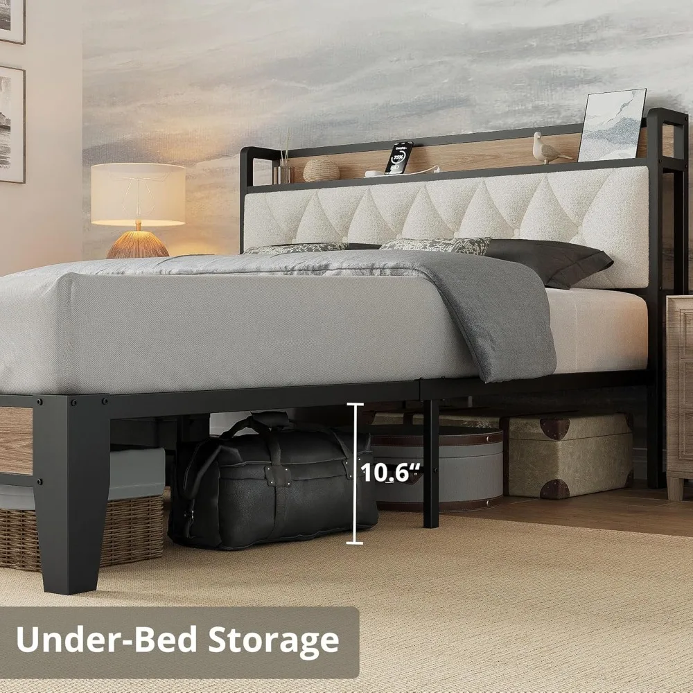 إطار سرير، لوح رأسي للتخزين مع قاعدة شحن، إطار سرير بمنصة مع دعم معدني قوي، قوي ومستقر