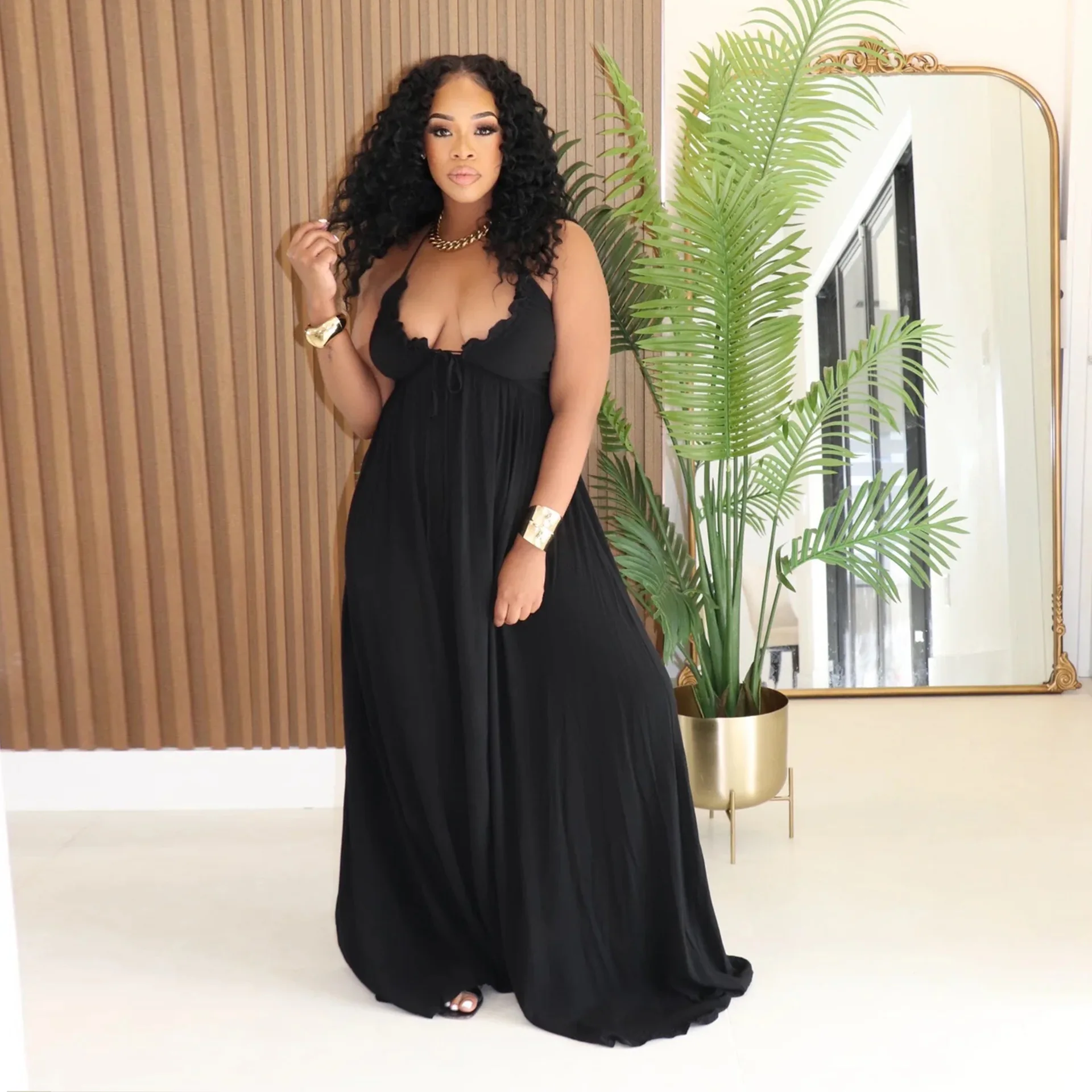 ชุดเดรสยาวแม็กซี่คอวีลึก แขนกุด ผูกโบว์ด้านหลัง สำหรับผู้หญิง ปี 2025 เหมาะสำหรับวันหยุดพักผ่อนชายหาด ปาร์ตี้สุดเซ็กซี่