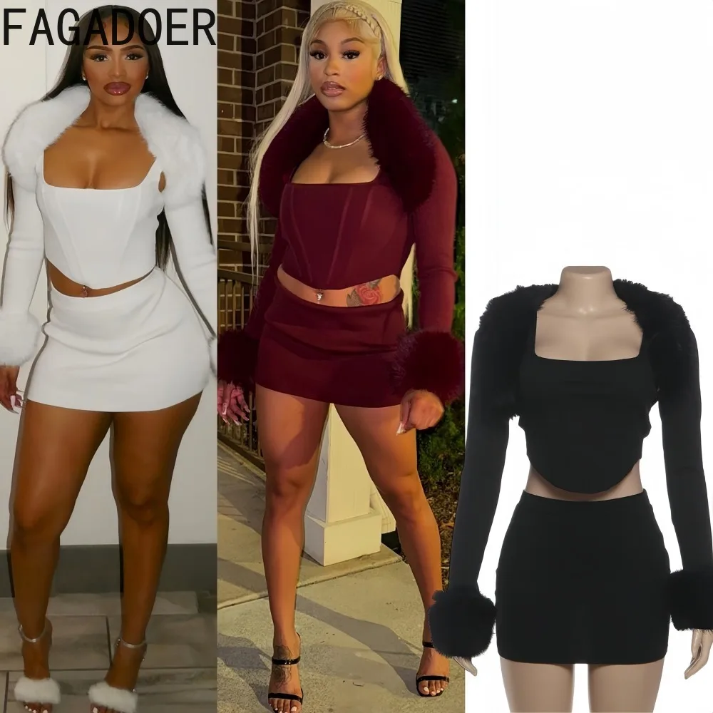 

FAGADOER Winter New Sexy Fur Patchwork 3 Pieces Set for Woman Outfits Spaghetti Strap Backless Vest + Cardigan + Skirt Matching