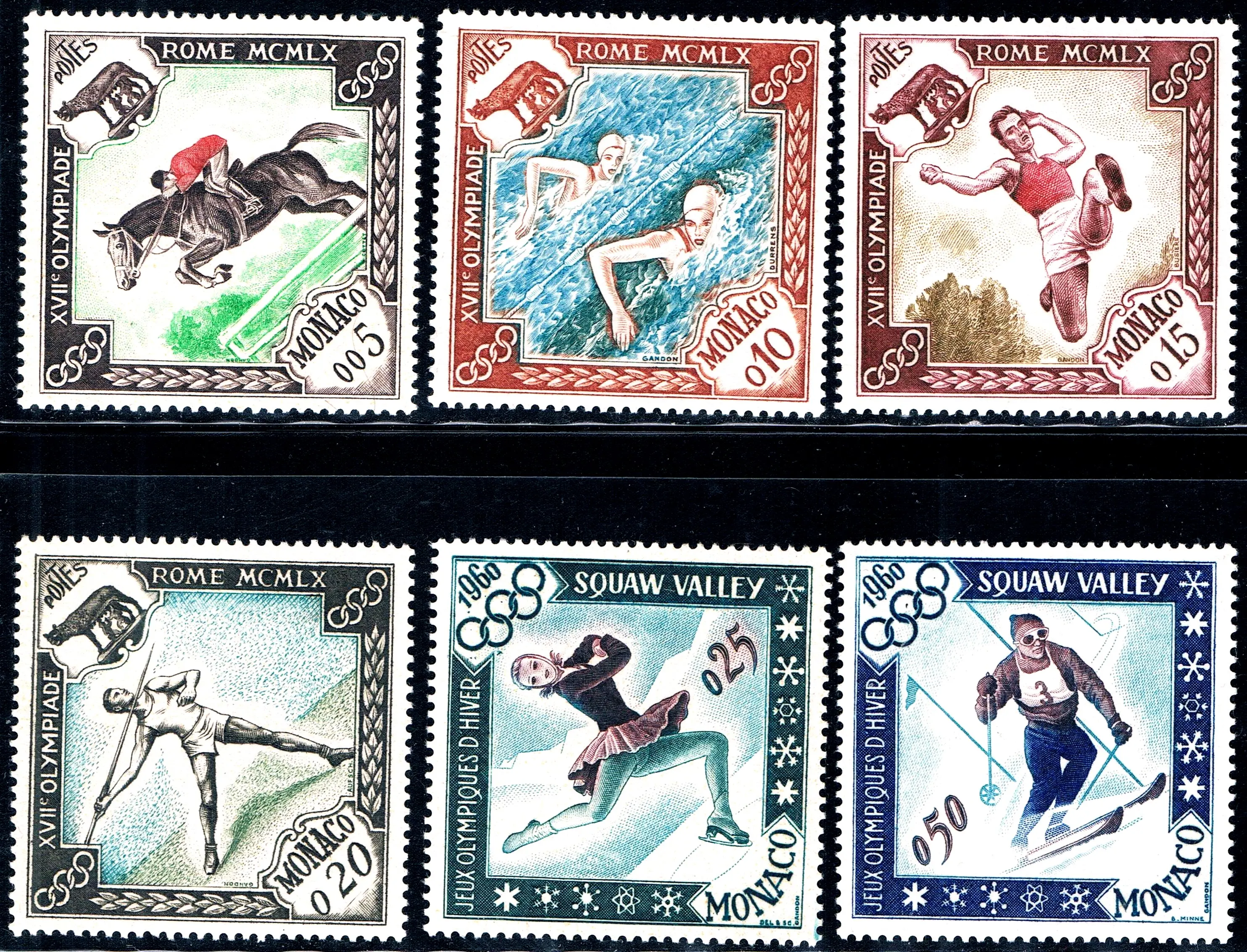 

6Pcs/Set New Monaco Post Stamp 1960 Rome Winter Sports Games Engraving Postage Stamps MNH