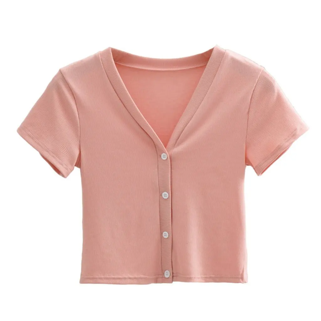 

YPFF Short-Sleeved T-shirt for Girls V-Neck High Waist Knitted Top European American Style Summer Design Sweet Cutout