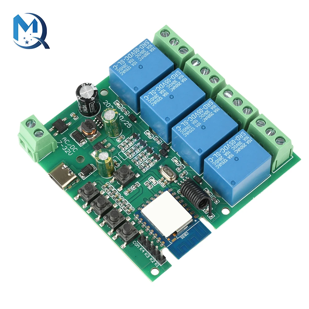 DC/AC 5VDC 7-32V 4-Channel Remote Control Relay Switch Module Connected To Graffiti App Wifi Control+433Mhz Rf Remote Control