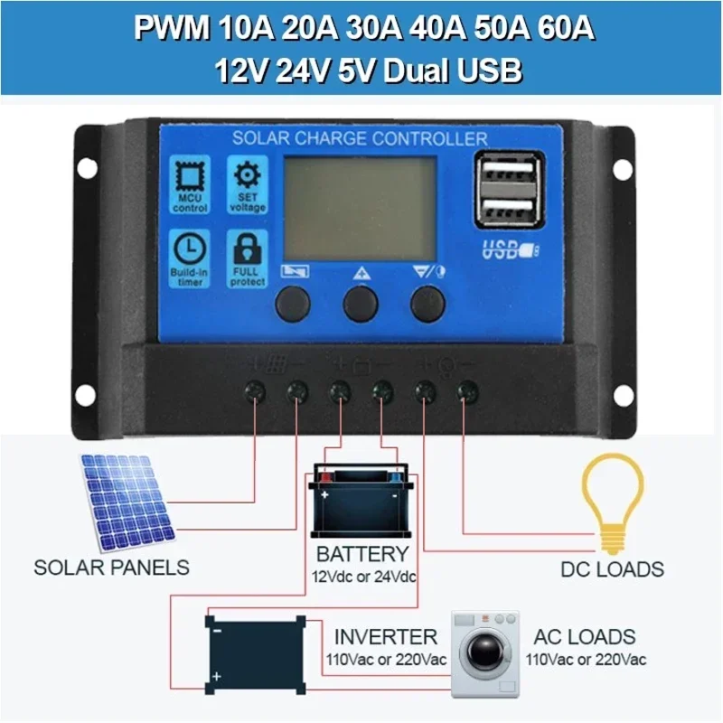 12V 24V Solar Charging Controller 10A-100A  Automatic Solar Panel Controllers Regulator Universal USB 5V Charging LCD Display