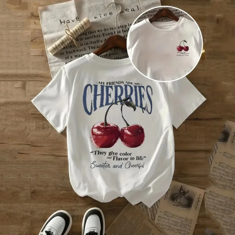 Summer Sweeter Cherries Prints T-Shirts Womens O Neck Short Sleeve Tops Woman Casual Chic Clothes Minimalist Fresh And Stylish