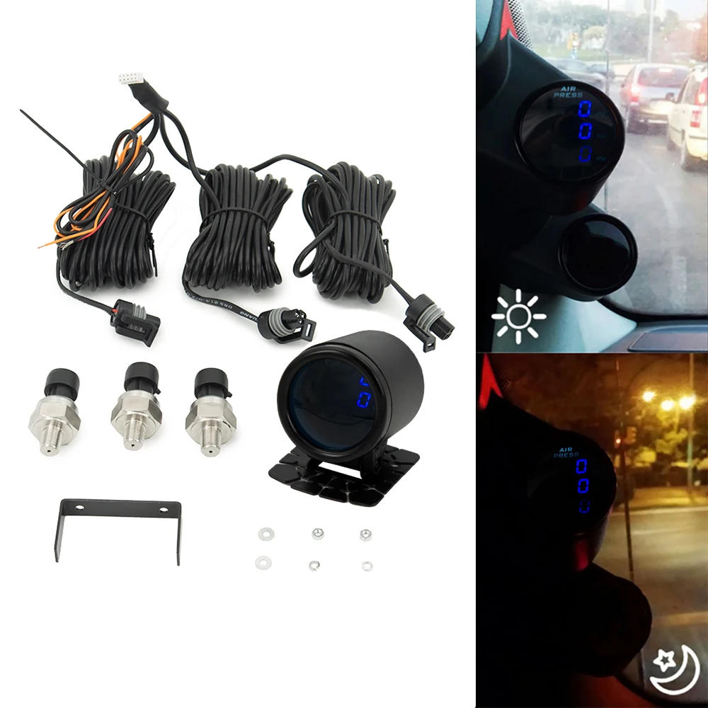 52mm Triple Display Air Suspension Pressure Gauge Meter Air Ride Gauge With 3pcs 1/8NPT Sensors And Swivel Mount Holder