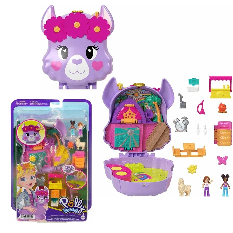 Original Polly Pocket Compact Playset, Llama Camp Adventure with 2 Micro Dolls & 13 Accessories Travel Toy with Surprise Reveals